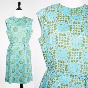 Vintage 60s Blue Green Dotted Silk Sleeveless Wiggle Dress by Wilshire | M/L